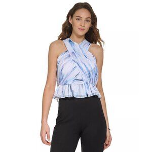 DKNY Women's Blue Chiffon Printed Crisscross Metallic-Detail Top NWT